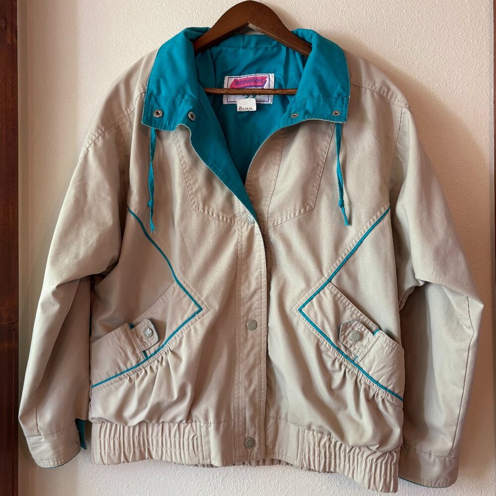 NWOT VTG 80s Innovations by Izzi Beige Jacket Windbreaker Teal Geometric Accents